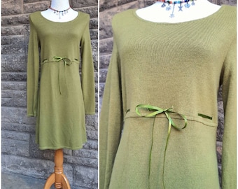 90s Avocado Green Soft Knit Dress w/ Ribbon Tie Detail, Size Medium M Large L