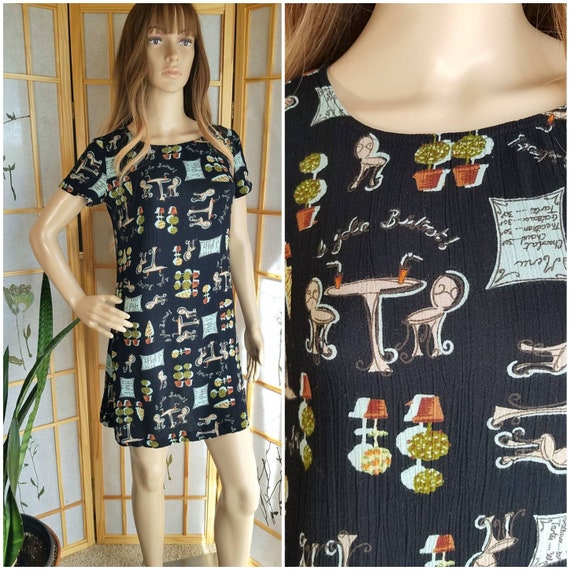 80s 90s Café Print Mini Dress by Carole Little, G… - image 1