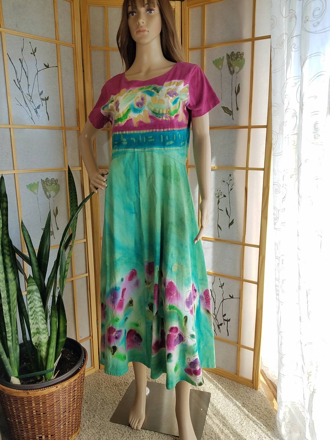 80s Painted Colorful Artsy Dress W/ Full Flowing Skirt and | Etsy