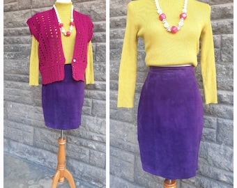 Vintage 80s Purple Suede Leather Pencil Skirt, Size Small S