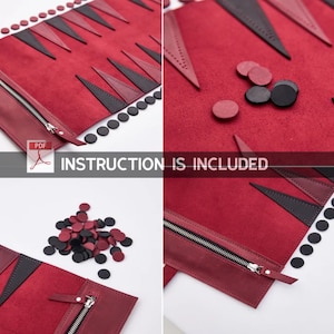 May include: A red leather backgammon set with black and red playing pieces. The set folds up into a compact size and includes instructions.