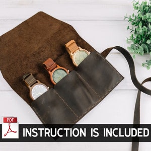 May include: Brown leather watch roll with three watch slots and a strap. The roll is open and three wooden watches are visible. The text "INSTRUCTION IS INCLUDED" is printed on a white background.