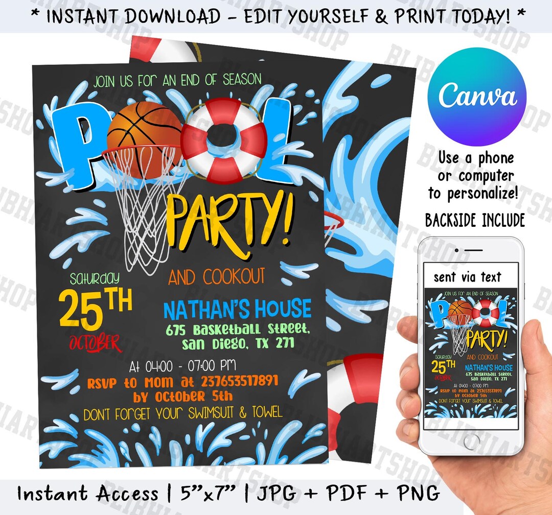 Editable Basketball Pool Party Invitation Pool Party Etsy