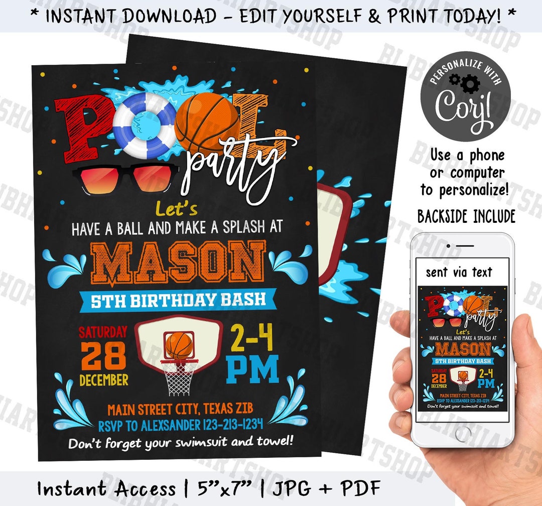 Editable Basketball Pool Party Invitation, Pool Party Invitation
