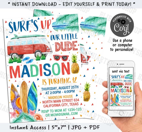 INSTANT DOWNLOAD EDITABLE Surf's up Birthday 2 