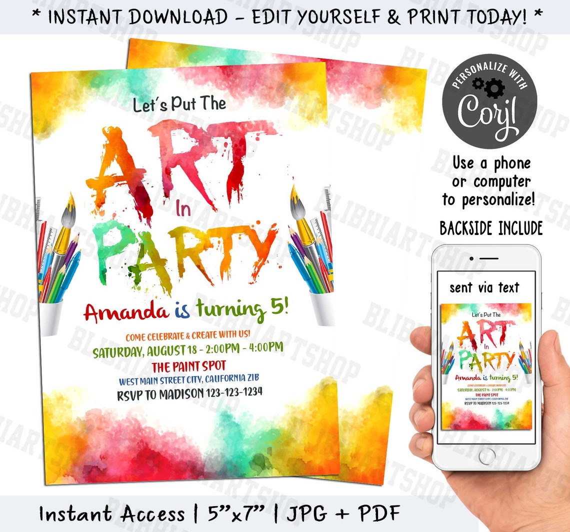 Art Party Birthday Invitation Art Party Invitation Virtual Etsy Australia