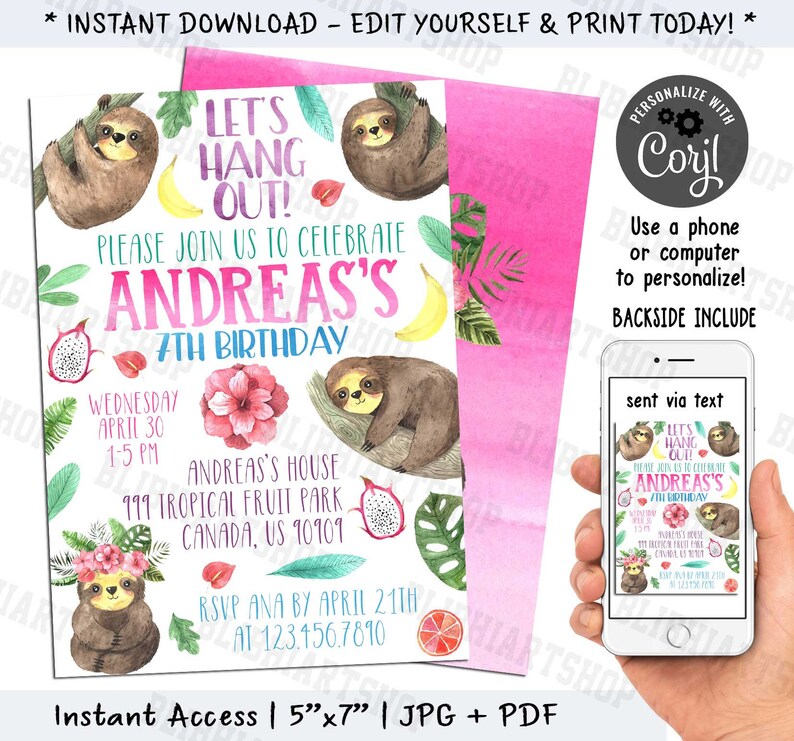 Sloth Invitation EDITABLE Sloth Birthday Invitation Bear - Etsy