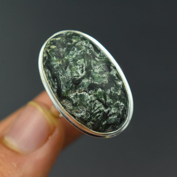 Natural Green Seraphinite Gemstone Ring, Handmade Ring, 925 Sterling Silver Ring, Designer Ring, Big Ring, Seraphinite Ring Jewelry
