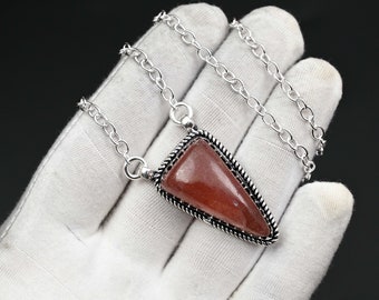 Natural Red Agate Gemstone Necklace 925 Sterling Silver Plain Necklace Red Agate Handmade Silver Necklace For Women Gift For Her