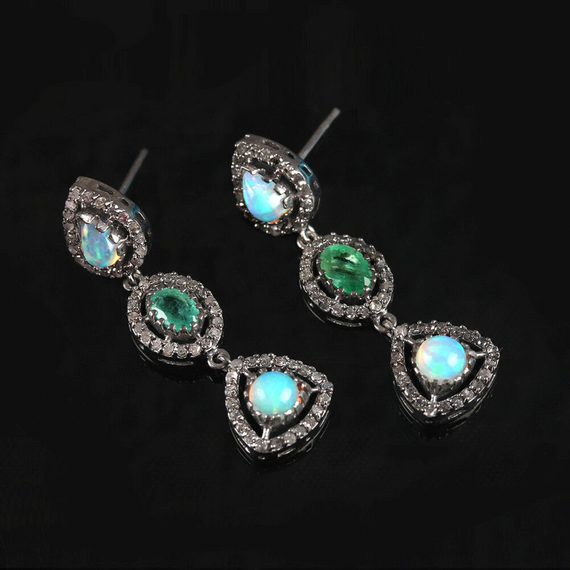 Opal & Emerald Dangle Earring 925 Sterling Silver Natural Etsy