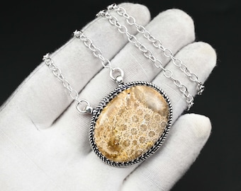 Natural Fossil Coral Gemstone Necklace 925 Sterling Silver Plain Necklace Fossil Coral Handmade Silver Necklace For Women Gift For Her