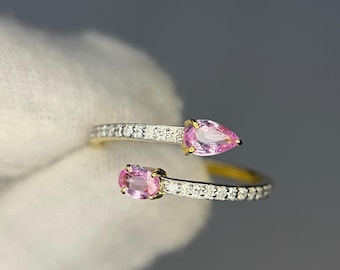 Dainty 14K Rose Gold Pink Sapphire Ring: Diamond Accent Vintage Style