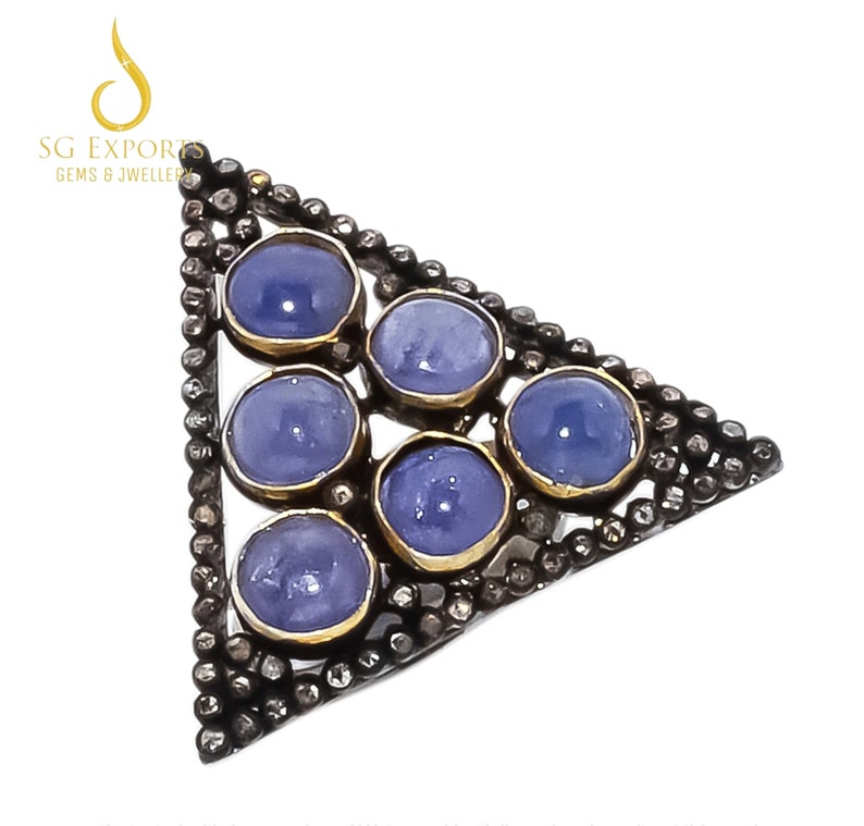Triangle Ring Natural Pave Diamond Tanzanite Gemstone 925 Solid Sterling Silver Antique Vintage Victorian Handmade Fine Designer Jewelry