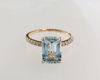 Vintage Emerald Cut Aquamarine Ring: Sterling Silver March Birthstone