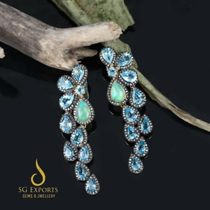Natural Opal Earrings, Blue Topaz Diamond Dangle Earrings, Opal Women Earrings, Opal Birthstone Earrings, Wedding Earrings, Earrings For Her