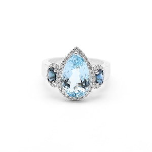 Anillo de aguamarina en oro blanco de 14 quilates, anillo de compromiso para mujer, anillo de aguamarina y zafiro, anillo con piedra natal de marzo, anillo de regalo de cumpleaños para ella