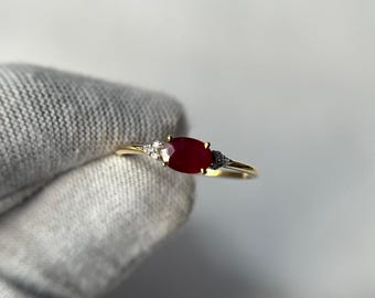 14K Gold Ruby Diamond Ring: Vintage Bridal Engagement Stacking Ring