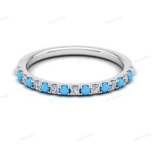 Bague pierre de naissance turquoise naturelle, demi-anneau éternité, bague de fiançailles diamant turquoise, bague de mariage turquoise pierre de naissance décembre