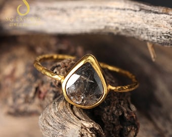 Natural Pear Polki Diamond Ring: Gold Plated 925 Sterling Silver Band