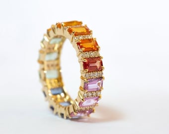 Art Deco Rainbow Sapphire Ring: Sterling Silver Vintage Style
