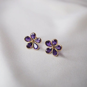 14k Amethyst Flower Stud Earrings, Purple Gemstone Flower Studs, Februray Birthstone Earrings, Earrings For Women, Birthday Gift Jewelry