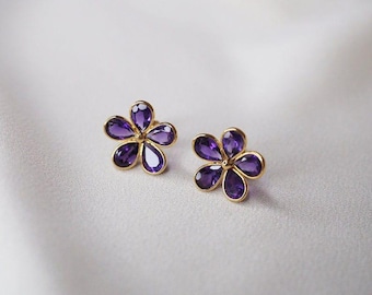 Amethyst Flower Stud Earrings: Sterling Silver February Birthstone