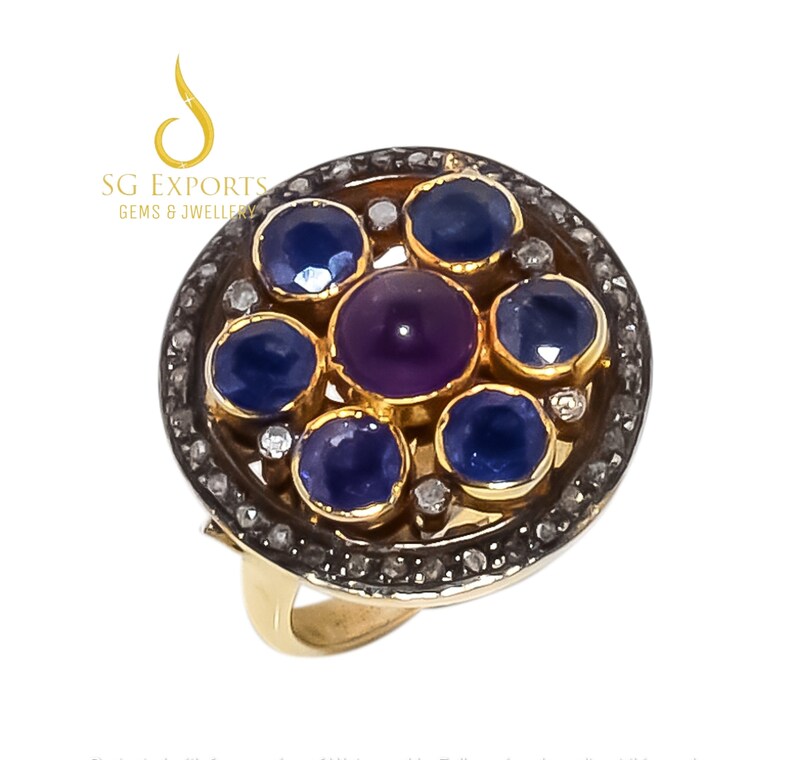 SapphireAmethyst Gemstone Natural Pave Diamond Ring 925 Solid Sterling Silver AntiqueVintageVictorian Fine Handmade Jewelry Gift.
