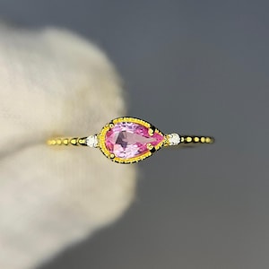 Pink Sapphire Diamond Wedding Ring, Rose Gold Anniversary Gift Ring, Engagement Dainty Ring, Pink Gemstone Matching Stacking Ring For Her