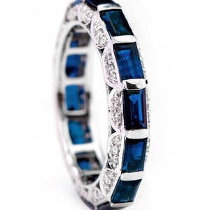 14K Gold Sapphire And Diamond Wedding Band, Natural Blue Sapphire Wedding Ring Band, Engagement Eternity Band Ring, Sapphire Stacking Ring