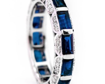 Alianza de boda con zafiro y diamantes: anillo vintage de plata 925