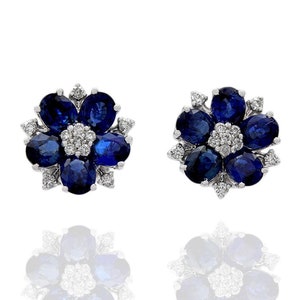 Pendientes de diamantes de zafiro azul natural, pendientes vermeil de oro blanco de 14 k, pendientes florales de zafiro azul, pendientes de flores, regalo para el amor