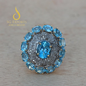 Natural Blue Topaz Engagement Ring, 14K Diamond Cocktail Ring, Swiss Blue Topaz Birthstone Ring, Women Wedding Ring, Anniversary Gift Ring
