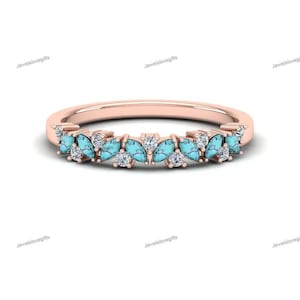 14K Gold Turquoise Diamond Ring, Turquoise Engagement Ring, Half Eternity Band, Turquoise Anniversary Ring, Gold Ring, Silver Turquoise Ring