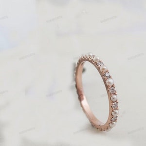 14k Rose Gold Pearl Ring Band, Pearl And Diamond Ring Band , June Birthstone Band, 14k Gold Pearl Engagement Ring Band, Natural Pearl Ring