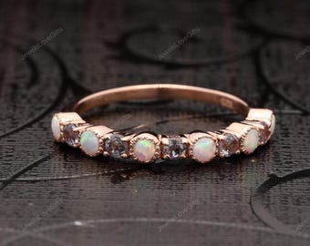 Art Deco Fire Opal Wedding Band: Sterling Silver Alexandrite Ring