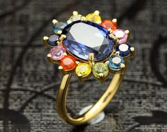 Vintage Sterling Silver Rainbow Sapphire Ring: Multi-Color Gemstone Cocktail Ring