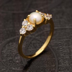 14K Solid Gold Pearl Engagement Ring, Art Deco Pearl Birthstone Ring, Pearl Engagement Ring, Pearl Gold Jewelry, White Pearl Ring For Her