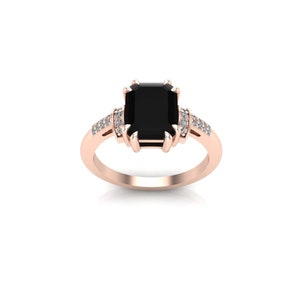 Black Onyx Engagement Ring, Emerald Cut 14K Rose Gold Engagement Ring, Black Onyx Cluster Ring, Bridal Ring, Promise Ring, Anniversary Gift