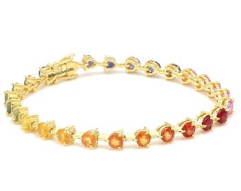 Sterling Silver Rainbow Sapphire Tennis Bracelet: Vintage Art Deco Style