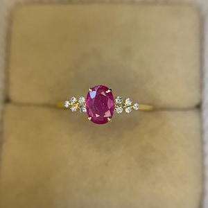 Ruby Wedding Ring, 14k Gold Dainty Diamond Genuine Ruby Ring, Petite Diamond and Ruby Ring, Ruby Engagement Ring, Ruby Birthstone Gift Ring
