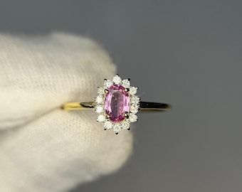 14k Solid Gold Pink Sapphire Diamond Ring, Womens Oval Engagement Ring, October Birthstone Anniversary Ring, Dainty Pink Gemstone Gift Ring