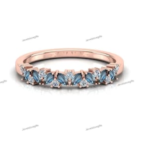 London Blue Topaz Wedding Band, Marquise Cut Topaz Engagement Ring, Anniversary Ring, Topaz Diamond Promise Gold Ring, Stacking Band Ring