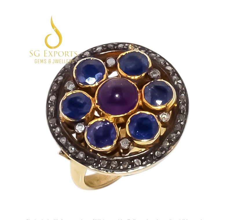 SapphireAmethyst Gemstone Natural Pave Diamond Ring 925 Solid Sterling Silver AntiqueVintageVictorian Fine Handmade Jewelry Gift.