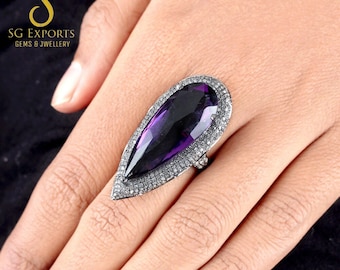 Natuurlijke amethist diamanten ring, peergeslepen amethist geboortesteenring, vintage diamantring, ringen voor vrouwen, 14k gouden verlovingsring voor haar