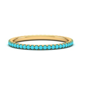 Turquoise Gemstone Ring, Full Micro Pave Band, 14K Solid Gold Eternity Band Ring, Real Turquoise Gemstone Ring, Stackable Dainty Band Ring