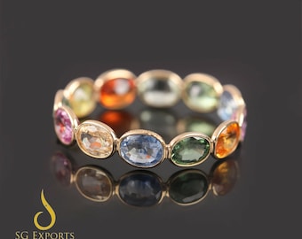 Multi Sapphire Gemstone Band Ring, 18K Gold Rainbow Sapphire Ring, Wedding Band Ring, Rings For Women, Gift For Her, Anniversary Gift Ring
