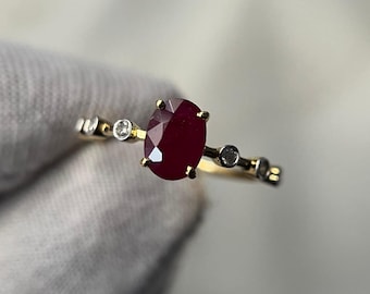 14K Gold Ruby Ring with Diamond Halo - Vintage Style