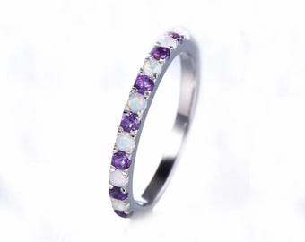 Vintage Opal & Amethyst Ring: Sterling Silver Birthstone Band