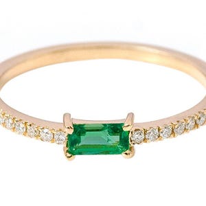 Emerald Baguette Ring: Sterling Silver Dainty Stacking Band