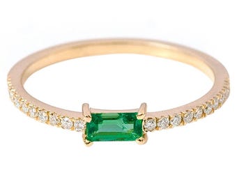 Emerald Baguette Ring: Sterling Silver Dainty Stacking Band